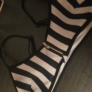 Victoria Secret Black and White Striped Bikini Top with Gold Zip Detail
